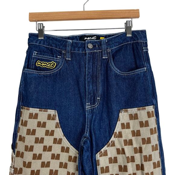 Monet Skateboards Jeans Mens 28x27 Dark Wash Patchwork Y2K Grunge Skater Retro - Picture 2 of 7